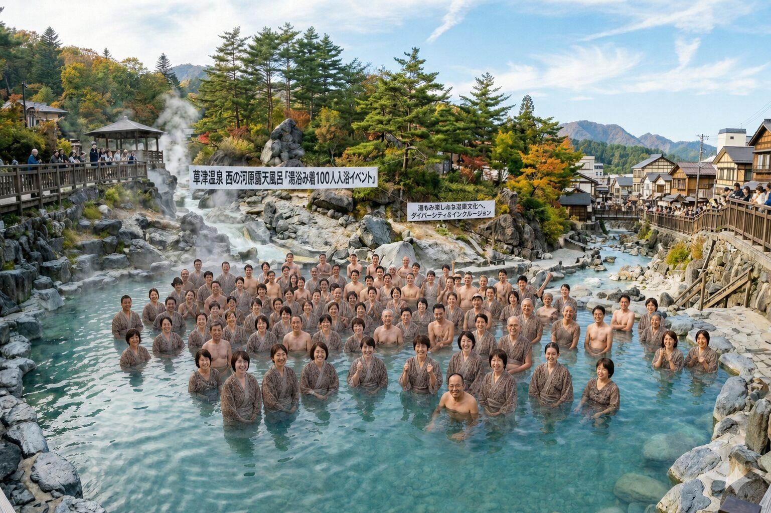 湯浴み着を着て露天風呂100人入っても大丈夫